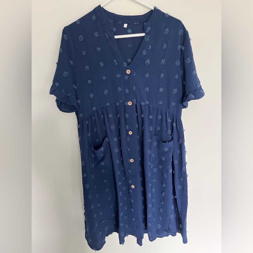 Navy Blue Button-Up Swiss Dot Dress with Pockets